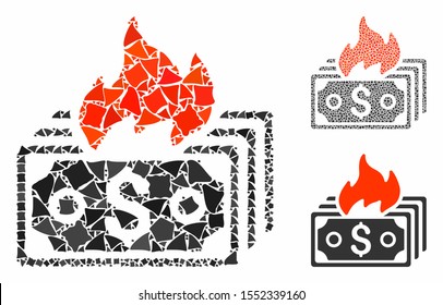 Burn banknotes mosaic of inequal items in variable sizes and color tints, based on burn banknotes icon. Vector abrupt parts are organized into collage.