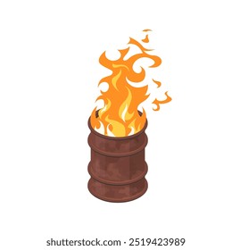 Burn barrel. Fire bursting out of a rusty drum in isometric view. Vector illustration isolated on a white background in flat style.