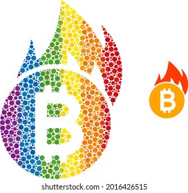 Burn bitcoin composition icon of circle spots in various sizes and spectrum colored color tints. A dotted LGBT-colored burn bitcoin for lesbians, gays, bisexuals, and transgenders.