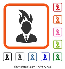 Burn Businessman Head icon. Flat grey pictogram symbol inside an orange rounded frame. Black, gray, green, blue, red, orange color versions of Burn Businessman Head vector.