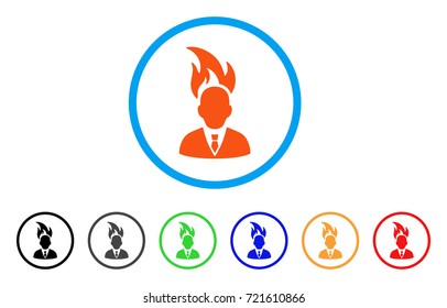 Burn Businessman Head rounded icon. Style is a flat burn businessman head orange symbol inside light blue circle with black, gray, green, blue, red, orange versions.