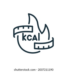 Burn Calories Line Icon. Kcal, Flame, Tape Loss Weight Concept Linear Pictogram. Calory Burning Outline Icon. Editable Stroke. Isolated Vector Illustration.