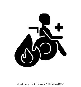 Burn center black glyph icon. Burn unit. Patient with burns treatment and recovery. Skin injury. Medical healthcare. Healing center. Silhouette symbol on white space. Vector isolated illustration