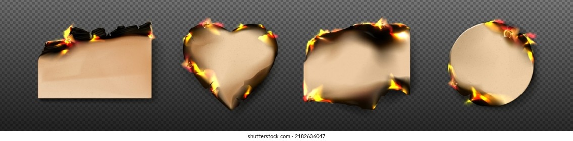 Brennen-Papierrahmen, braune, verbrannte Seiten mit Schmälerbrand auf kartierten, unebenen Kanten, beschädigte Pergamentblätter aus Flammen mit Asche einzeln auf transparentem Hintergrund Realistischer 3D-Vektorset
