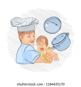 burn. crying child hysterics. hurt. safety rules in the kitchen. sketching technique