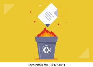 burn the document in the bin. destroy data. flat vector illustration.