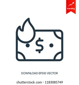 Burn dollar banknote icon. Vector illustration style is flat iconic symbols in black and red colors. Bonus contains 90 icons designed for business and commercial applications.