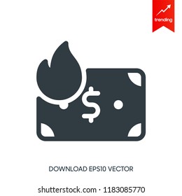Burn dollar banknote icon. Vector illustration style is flat iconic symbols in black and red colors. Bonus contains 90 icons designed for business and commercial applications.