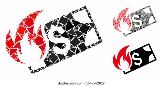 Burn dollar banknote mosaic of inequal items in different sizes and color tints, based on burn dollar banknote icon. Vector inequal pieces are grouped into collage.