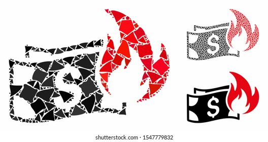 Burn dollar banknotes composition of uneven items in variable sizes and color tones, based on burn dollar banknotes icon. Vector ragged items are organized into collage.