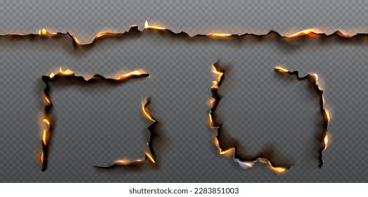 Efecto vectorial de esquina de hoyo de papel de borde quemado establecido sobre fondo transparente. Borde de textura de cenizas y fuego realistas aislados para página quemada. Ilustración de plantilla inflamable con champán para el simulacro.