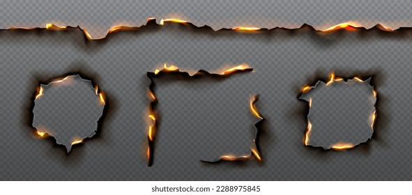 Efecto vectorial de esquina de hoyo de papel de borde quemado establecido sobre fondo transparente. Borde de textura de cenizas y fuego realistas aislados para página quemada. Ilustración de plantilla inflamable con champán para el simulacro.