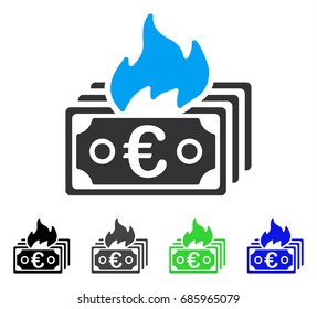 Burn Euro Banknotes flat vector illustration. Colored burn euro banknotes gray, black, blue, green icon versions. Flat icon style for graphic design.