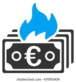 Burn Euro Banknotes icon. Vector style is bicolor flat iconic symbol with rounded angles, blue and gray colors, white background.