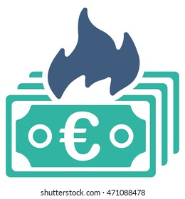 Burn Euro Banknotes icon. Vector style is bicolor flat iconic symbol with rounded angles, cobalt and cyan colors, white background.