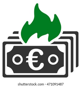 Burn Euro Banknotes icon. Vector style is bicolor flat iconic symbol with rounded angles, green and gray colors, white background.