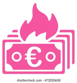 Burn Euro Banknotes icon. Vector style is flat iconic symbol with rounded angles, pink color, white background.