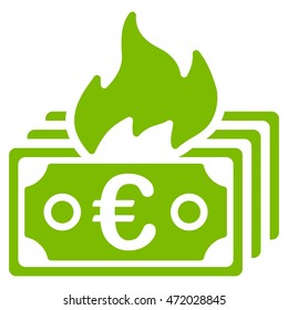 Burn Euro Banknotes icon. Vector style is flat iconic symbol with rounded angles, eco green color, white background.