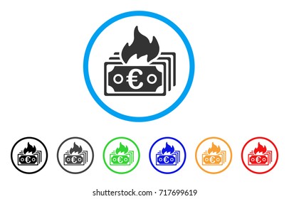 Burn Euro Banknotes rounded icon. Style is a flat burn euro banknotes grey symbol inside light blue circle with black, gray, green, blue, red, orange color versions.