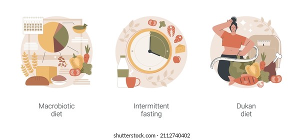 Burn fat abstract concept vector illustration set. Macrobiotic diet, intermittent fasting, Dukan weight-loss meal plan, organic nutrition, low carb food, metabolic health, digestion abstract metaphor.