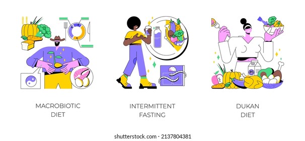 Burn fat abstract concept vector illustration set. Macrobiotic diet, intermittent fasting, Dukan weight-loss meal plan, organic nutrition, low carb food, metabolic health, digestion abstract metaphor.