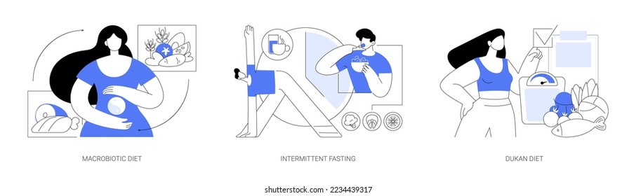 Burn fat abstract concept vector illustration set. Macrobiotic diet, intermittent fasting, Dukan weight-loss meal plan, organic nutrition, low carb food, metabolic health, digestion abstract metaphor.