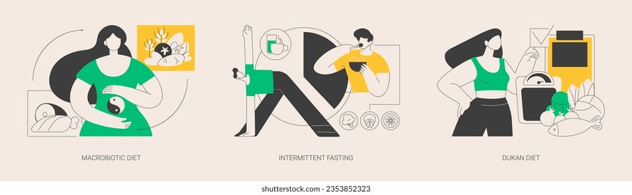 Burn fat abstract concept vector illustration set. Macrobiotic diet, intermittent fasting, Dukan weight-loss meal plan, organic nutrition, low carb food, metabolic health, digestion abstract metaphor.