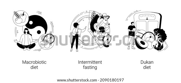 Burn fat abstract concept vector illustration\
set. Macrobiotic diet, intermittent fasting, Dukan weight-loss meal\
plan, organic nutrition, low carb food, metabolic health, digestion\
abstract metaphor.