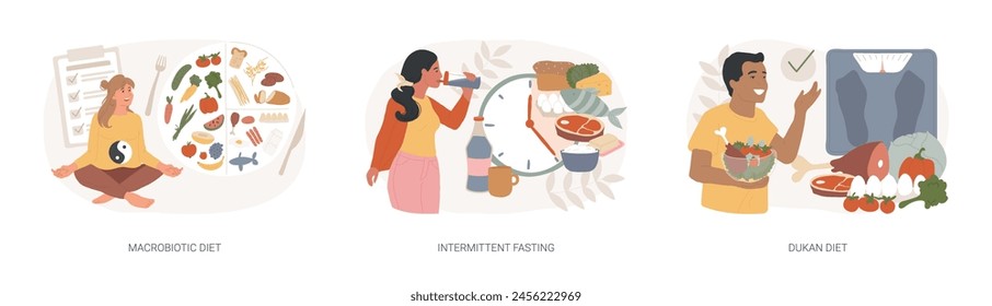 Burn fat isolated concept vector illustration set. Macrobiotic diet, intermittent fasting, Dukan weight-loss meal plan, organic nutrition, low carb food, metabolic health, digestion vector concept.