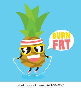Burn fat. Jumping rope cartoon fitness pineapple vector illustration poster
