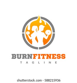 Burn Fitness Team Logo - Fire Couple Workout Club Icon - Flame Gym Group Vector Illustration