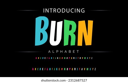 Burn Funky colorful cartoon font type. Vector alphabet