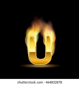 burn gold alphabet "U" on black background