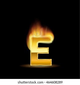burn gold letter "E" on black background