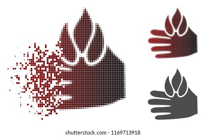 Burn hand icon in fractured, pixelated halftone and undamaged entire versions. Cells are combined into vector dissipated burn hand icon.