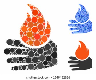 Burn hand mosaic of spheric dots in different sizes and color tints, based on burn hand icon. Vector round dots are combined into blue collage. Dotted burn hand icon in usual and blue versions.