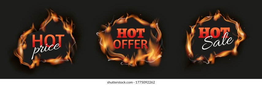 Burn holes. Hot sale black banners, season discount flame template. Realistic advertisement of special prices with tongues of fire vector illustration