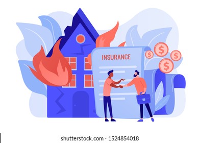 Burn house, flaming building. Insurance agent and customer flat characters. Fire insurance, fire economic losses, protect your property concept. Pinkish coral bluevector isolated illustration