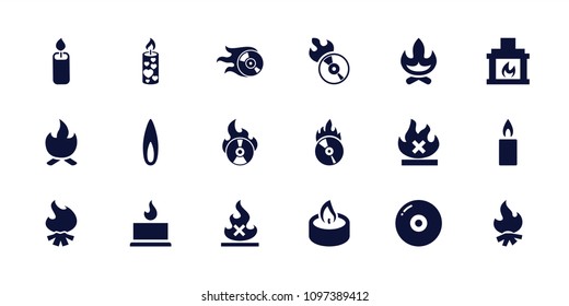 Burn icon. collection of 18 burn filled icons such as disc, bonfire, no fire, candle, disc flame, cd fire, fireplace. editable burn icons for web and mobile.