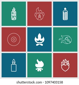 Burn icon. collection of 9 burn filled and outline icons such as bonfire, candle, heart in fire, disc, disc flame. editable burn icons for web and mobile.