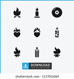 Burn icon. collection of 9 burn filled icons such as candle, disc, heart in fire. editable burn icons for web and mobile.