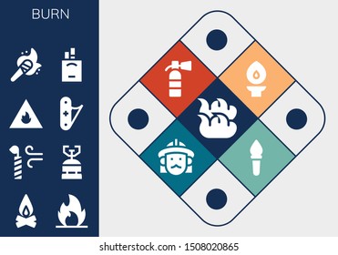 burn icon set. 13 filled burn icons.  Simple modern icons about  - Fire, Campfire, Candle, Camping gas, Jackknife, Torch, Cigarettes, Extinguisher, Firefighter