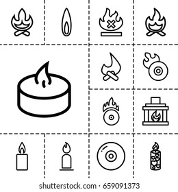 Burn icon. set of 13 outline burnicons such as candle, no fire, disc flame, cd fire, fireplace, flame, bonfire
