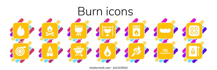 burn icon set. 14 filled burn icons.  Simple modern icons such as: Fire, Hose, Bonfire, Campfire, Barbecue, Matches, Torch, Ashtray, Hot, Stove, Match