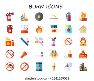 burn icon set. 30 flat burn icons.  Simple modern icons such as: fire extinguisher, candles, cd, hot, firewood, camping gas, fire, matches, coal, fireplace, cigarette, no smoking