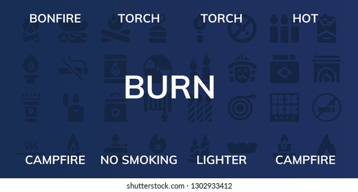  burn icon set. 32 filled burn icons. on blue background style Simple modern icons about  - Bonfire, Torch, Hot, Campfire, No smoking, Lighter, Matchbox, Charcoal, Burner, Camping gas