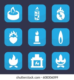 Burn icon. set of 9 filled burn icons such as candle, heart in fire, CD fire, fireplace, flame