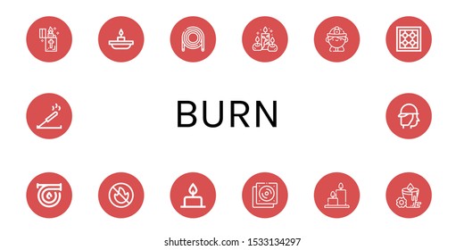 burn icon set. Collection of Lighter, Candle, Hose, Candles, Firefighter, Stove, No fire allowed, Cd, Incense icons