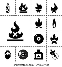 Burn icons. set of 13 editable filled burn icons such as disc, bonfire, no fire, candle, heart in fire, disc flame, fireplace