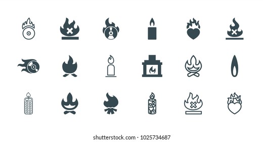 Burn icons. set of 18 editable filled and outline burn icons: bonfire, no fire, heart in fire, candle, fireplace, flame, cd fire